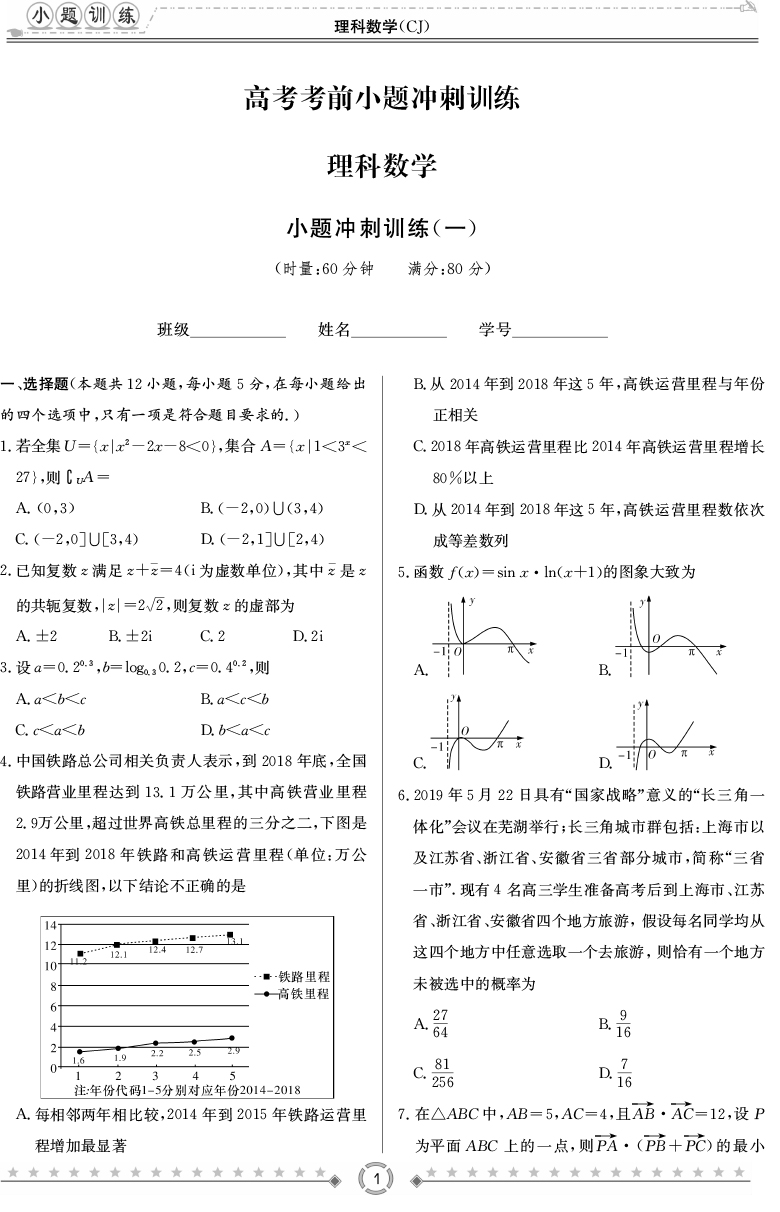 [理數(shù)]師大附中、長沙一中2020高考考前小題訓(xùn)練