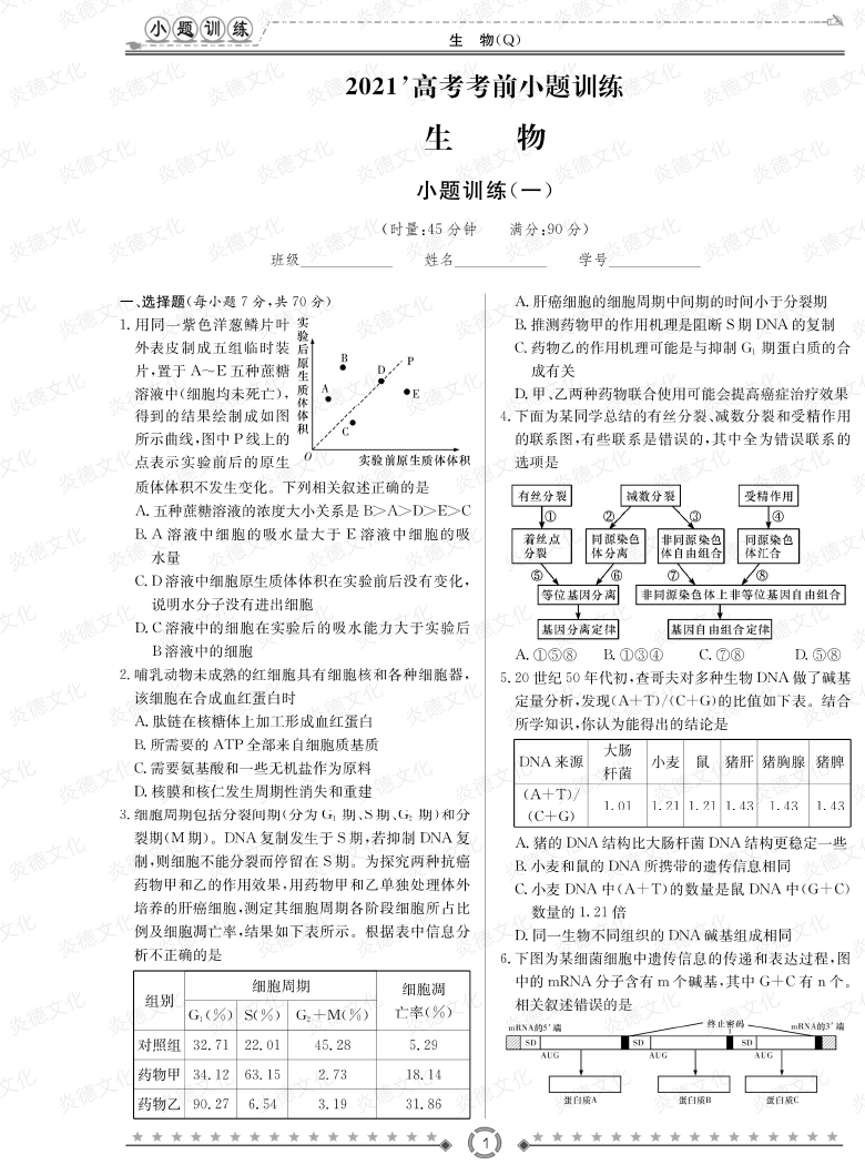 [生物]長(zhǎng)郡中學(xué)2021高考考前小題沖刺訓(xùn)練（老高考）